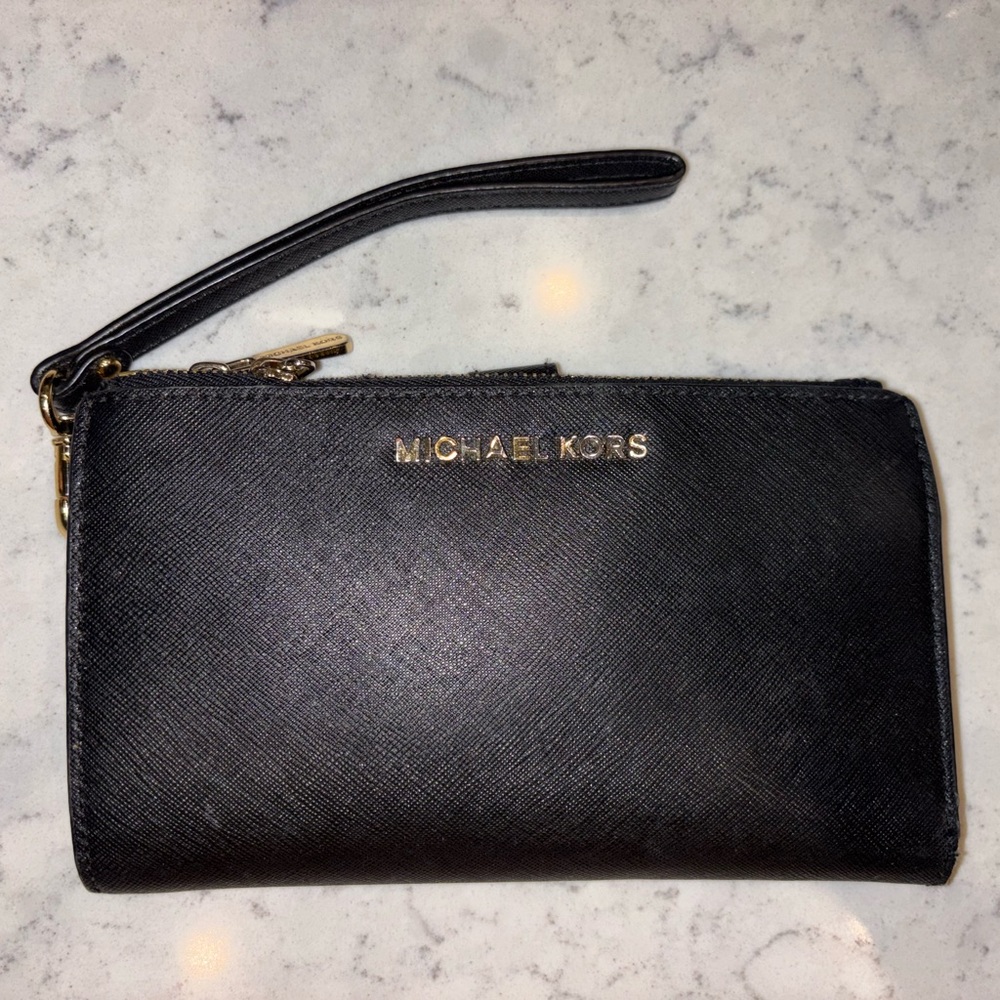 Michael Kors Black Leather Double Zip Wristlet with Gold Hardware